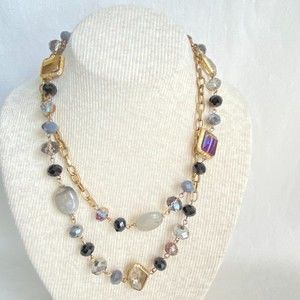 Multi Media Chain Opera Necklace Brass Tone Chains With Beads & Rhinestones